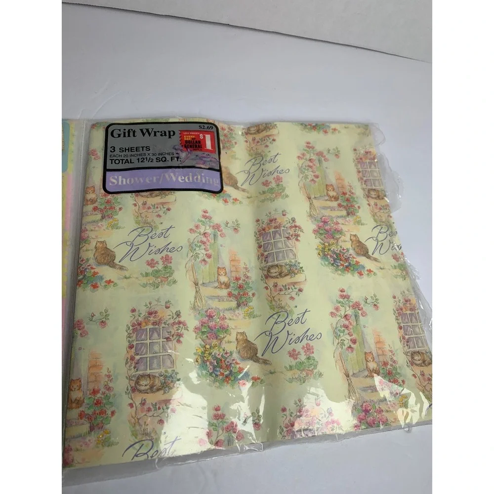Vintage Gift Wrap Set Baby Shower Blocks & Wedding‎ Best Wishes Cats Floral 2pk